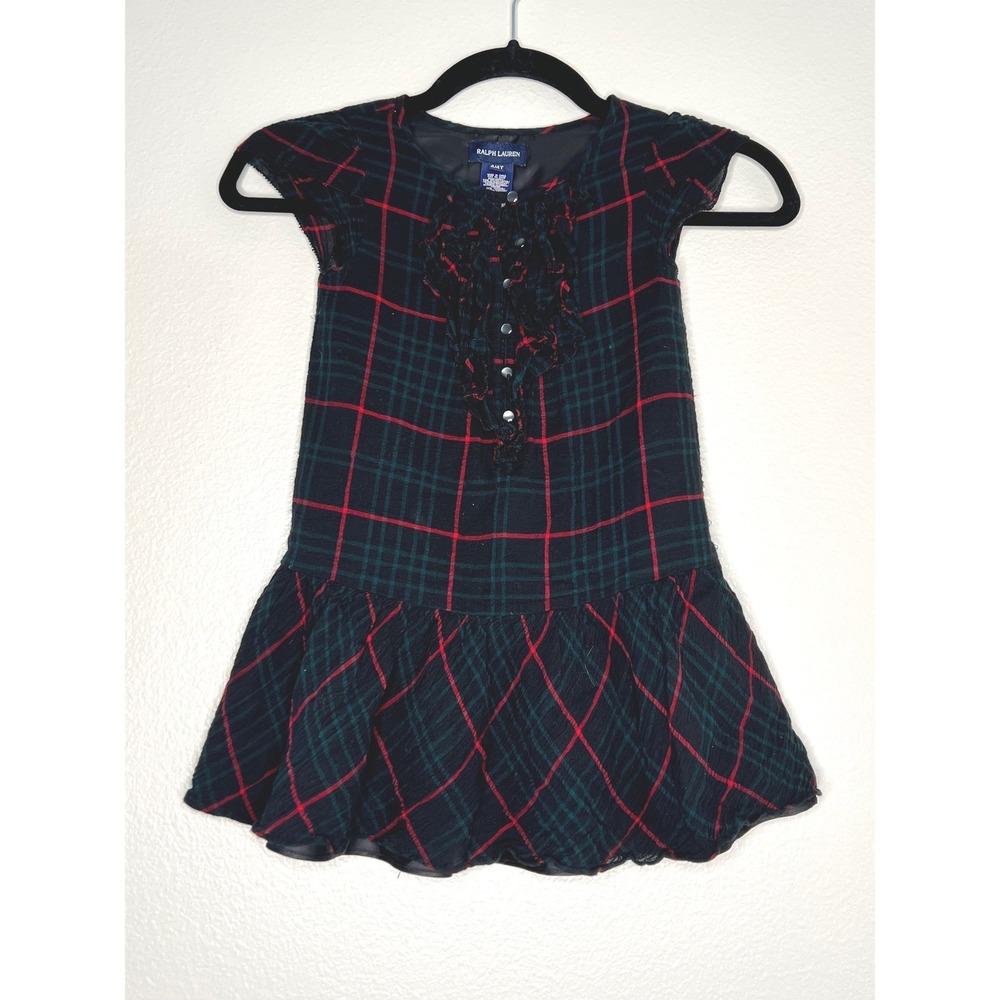 Ralph Lauren Girls Plaid Ruffle Dress Green Red Navy Blue 4T Drop Waist Holiday